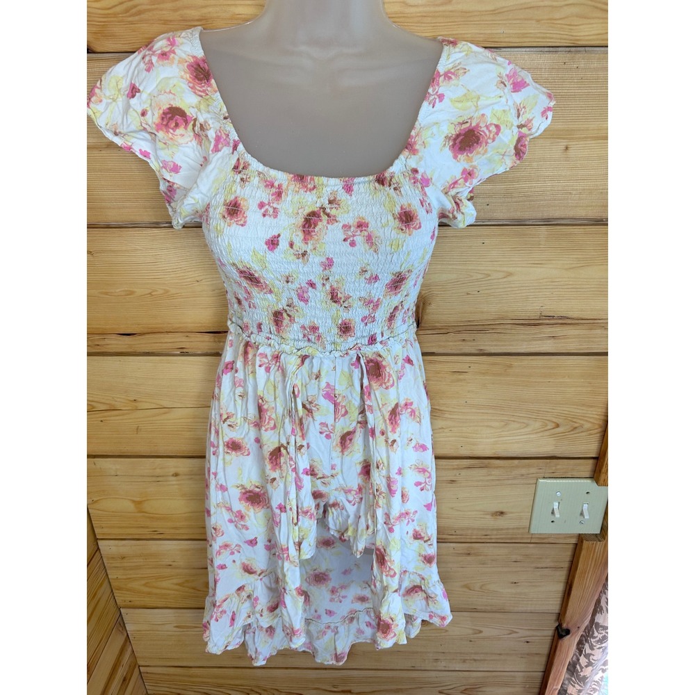 Floral High Low Romper Skort Dress Smocked Flutter Sleeve Pink Yellow Rose Print - Picture 6 of 13
